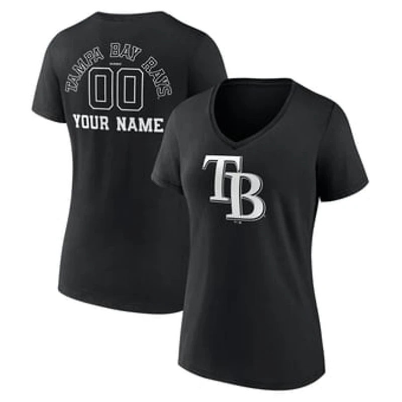 Women's Black Tampa Bay Rays Monochrome Personalized Name & Number V-Neck T-Shirt