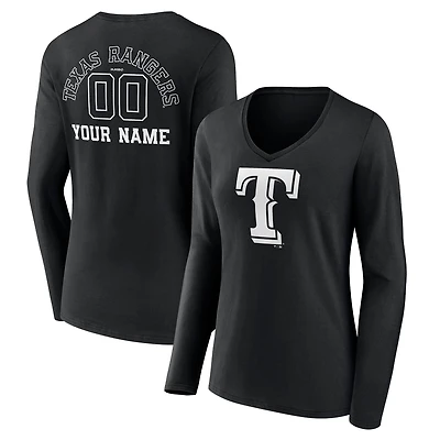 Women's Black Texas Rangers Monochrome Personalized Name & Number Long Sleeve V-Neck T-Shirt