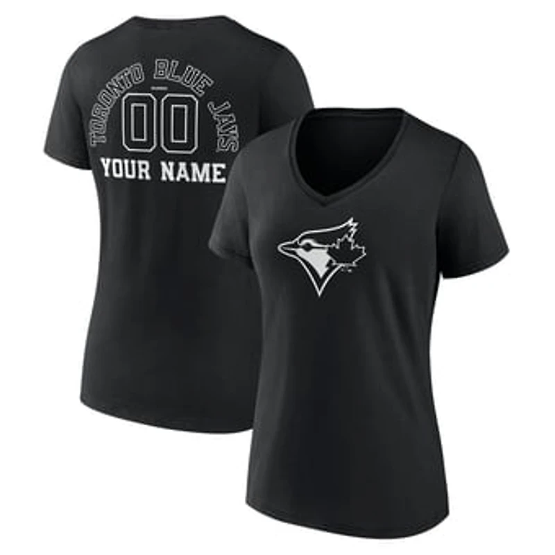 Women's Black Toronto Blue Jays Monochrome Personalized Name & Number V-Neck T-Shirt