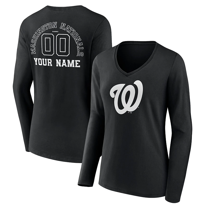 Women's Black Washington Nationals Monochrome Personalized Name & Number Long Sleeve V-Neck T-Shirt