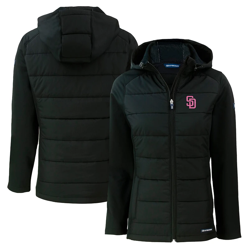 Women's Cutter & Buck  Black San Diego Padres City Connect Evoke Hybrid Eco Softshell Recycled Full-Zip Hoodie Jacket