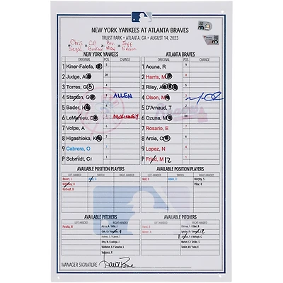 Matt Olson Atlanta Braves Autographed Game-Used Lineup Card vs. New York Yankees on August 14, 2023