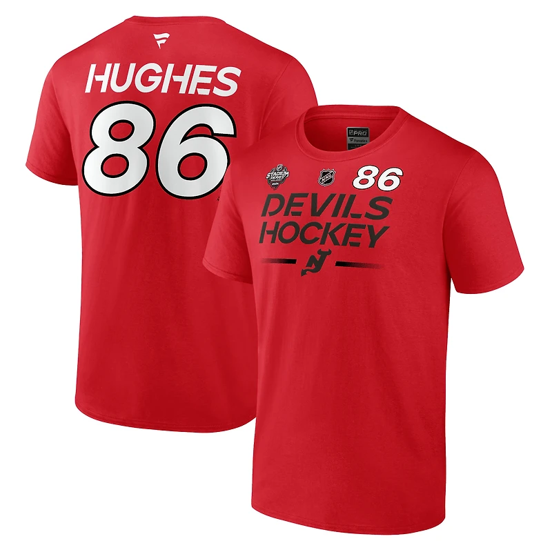 Men's Fanatics Jack Hughes Red New Jersey Devils 2024 NHL Stadium Series Authentic Pro Name & Number T-Shirt