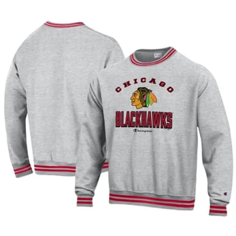 Men's Champion Heather Gray Chicago Blackhawks Reverse Weave Yarn Dye Pullover Sweatshirt