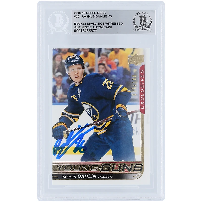 Rasmus Dahlin Buffalo Sabres Autographed 2018-19 Upper Deck Series 1 Young Guns Exclusives #201 #/100 Beckett Fanatics Witnessed Authenticated Rookie Card