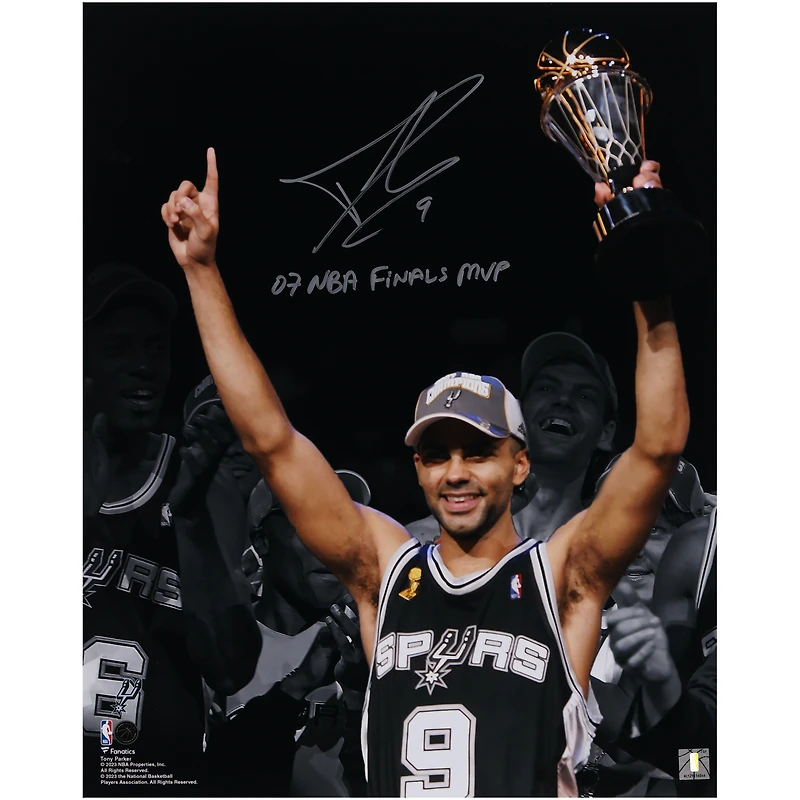 Tony Parker San Antonio Spurs Autographed 16" x 20" Holding 2007 NBA Finals MVP Trophy Spotlight Photograph with "07 NBA Finals MVP" Inscription