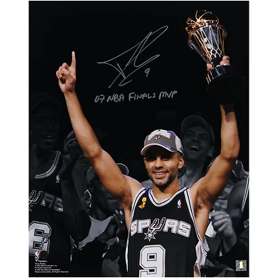 Tony Parker San Antonio Spurs Autographed 16" x 20" Holding 2007 NBA Finals MVP Trophy Spotlight Photograph with "07 NBA Finals MVP" Inscription