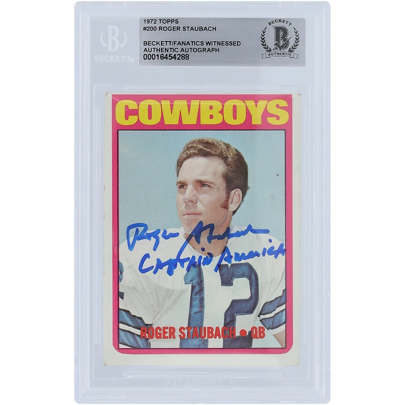Roger Staubach Dallas Cowboys Autographed 1972 Topps #200 Beckett Fanatics Witnessed Authenticated Rookie Card with "Captain America" Inscription