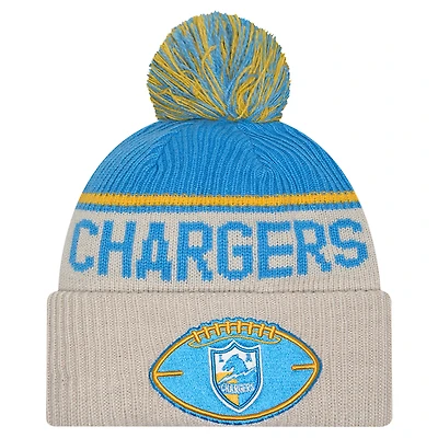 Men's New Era Stone Los Angeles Chargers NFL Sideline Historic Cuffed Knit Hat with Pom