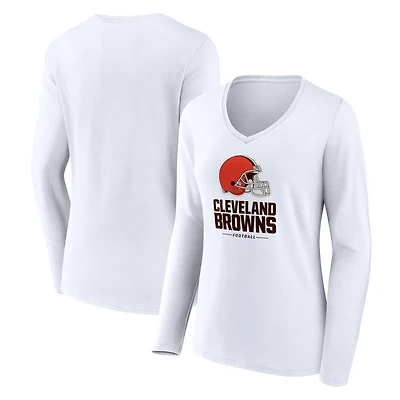 Women's White Cleveland Browns Team Lockup Long Sleeve V-Neck T-Shirt