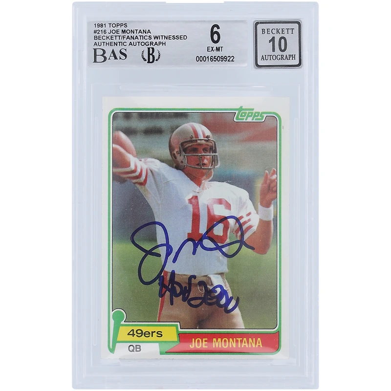 Joe Montana San Francisco 49ers Autographed 1981 Topps #216 Beckett Fanatics Witnessed Authenticated 6/10 Rookie Card with "HOF 2000" Inscription