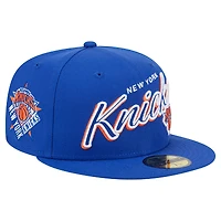 Men's New Era Blue New York Knicks Sport Night Script Sided 59FIFTY Fitted Hat