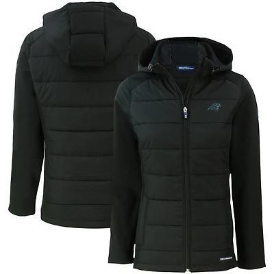 Women's Cutter & Buck Black Carolina Panthers Evoke PrimaLoft Hybrid Eco Softshell Recycled Full-Zip Hooded Jacket