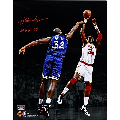 Hakeem Olajuwon Houston Rockets Autographed 11" x 14" Jump Shot Over Shaquille O'Neal Spotlight Photograph with "HOF 08" Inscription