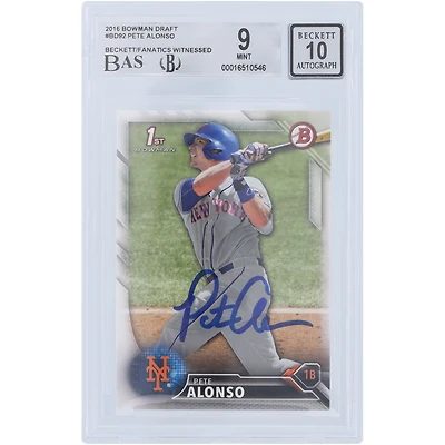Pete Alonso New York Mets Autographed 2016 Bowman Draft 1st Bowman #BD-92 Beckett Fanatics Witnessed Authenticated 9/10 Rookie Card