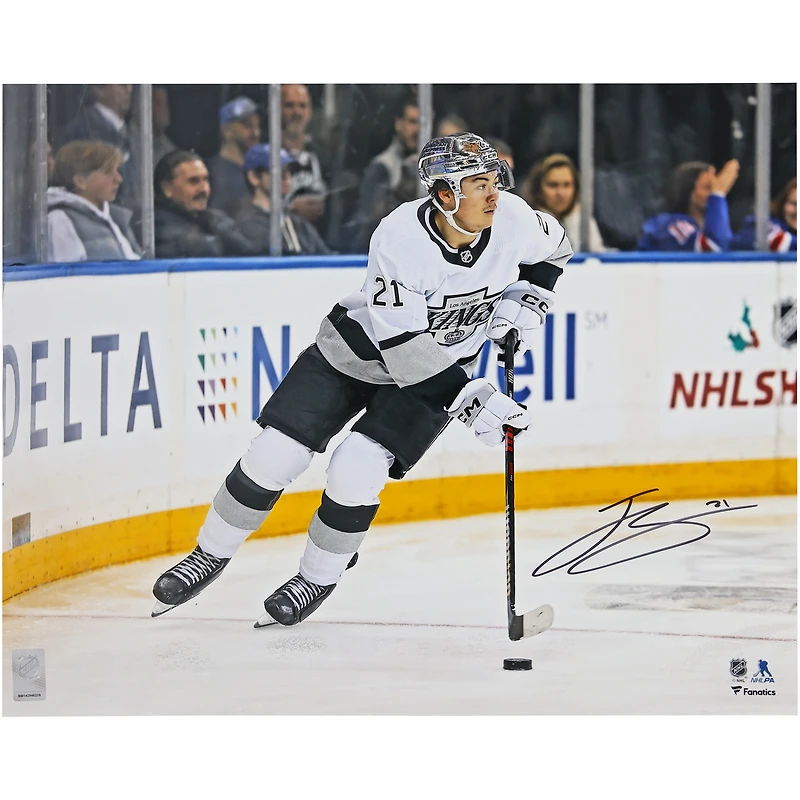 Jordan Spence Los Angeles Kings Autographed 16" x 20" White Jersey with Puck Photograph