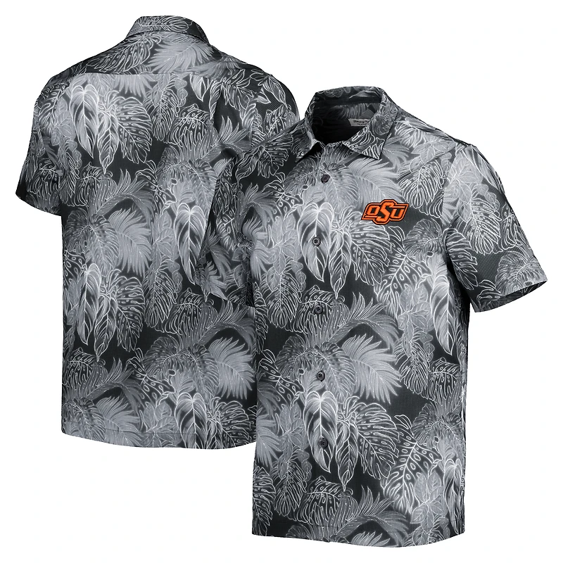 Men's Tommy Bahama Black Oklahoma State Cowboys Coast Luminescent Fronds IslandZone Button-Up Camp Shirt