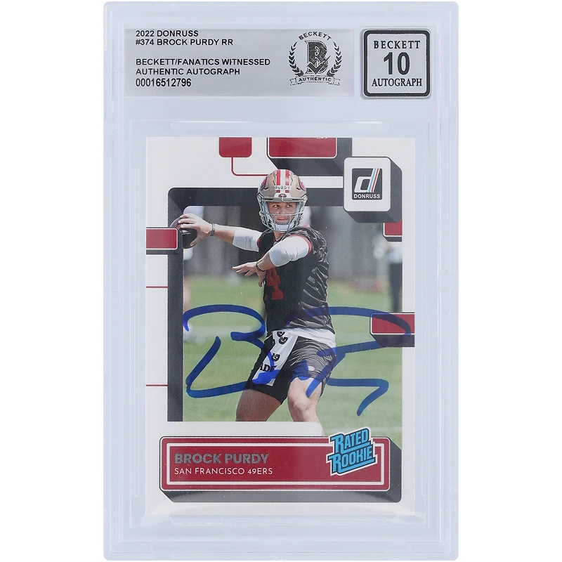 Brock Purdy San Francisco 49ers Autographed 2022 Panini Donruss Rated Rookie #374 Beckett Fanatics Witnessed Authenticated 10 Rookie Card