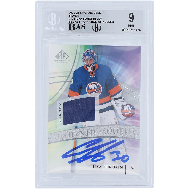 Ilya Sorokin New York Islanders Autographed 2020-21 Upper Deck SP Game Used Silver Parallel Relic #126 Beckett Fanatics Witnessed Authenticated 9/10 Rookie Card