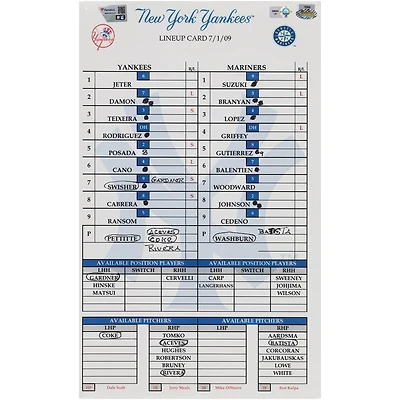 New York Yankees Game-Used Lineup Card vs. Seattle Mariners on July 1, 2009