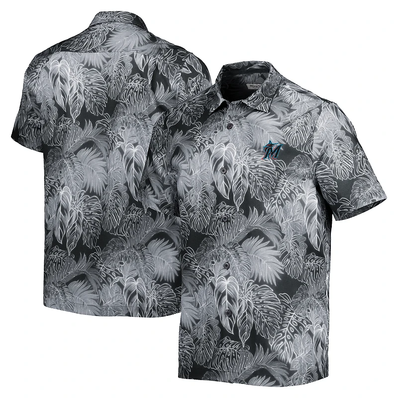 Men's Tommy Bahama Black Miami Marlins Bahama Coast Luminescent Fronds IslandZone Button-Up Camp Shirt