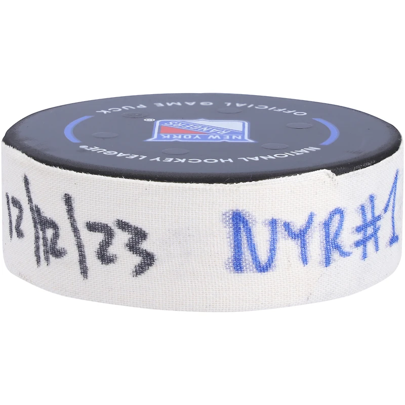 Blake Wheeler New York Rangers Game-Used Goal Puck vs. Toronto Maple Leafs on December 12, 2023