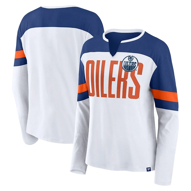 Women's Fanatics White/Royal Edmonton Oilers Frozen Long Sleeve Notch Neck T-Shirt