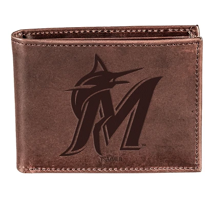 Brown Miami Marlins Bi-Fold Leather Wallet
