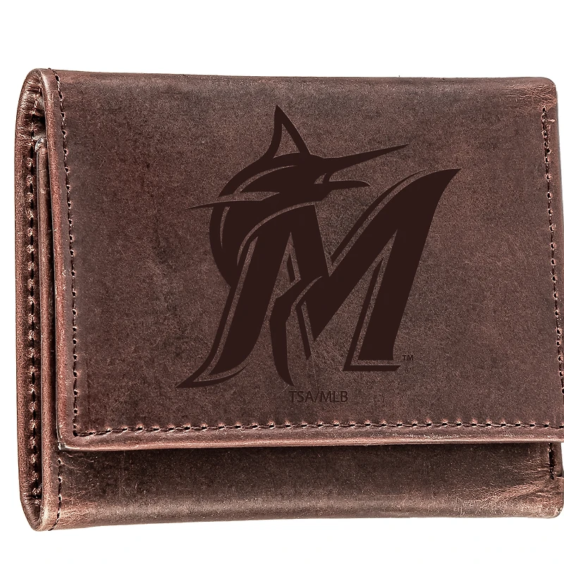 Brown Miami Marlins Tri-Fold Leather Wallet
