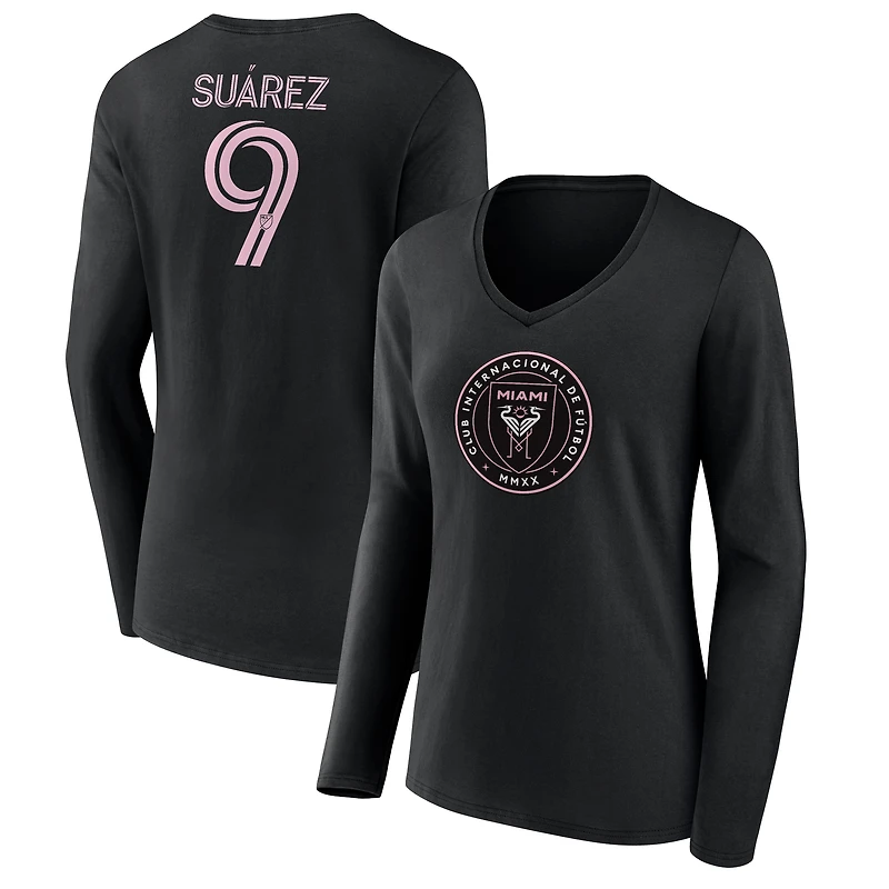 Women's Luis Suárez Black Inter Miami CF Team Authentic Player Name & Number Long Sleeve V-Neck T-Shirt