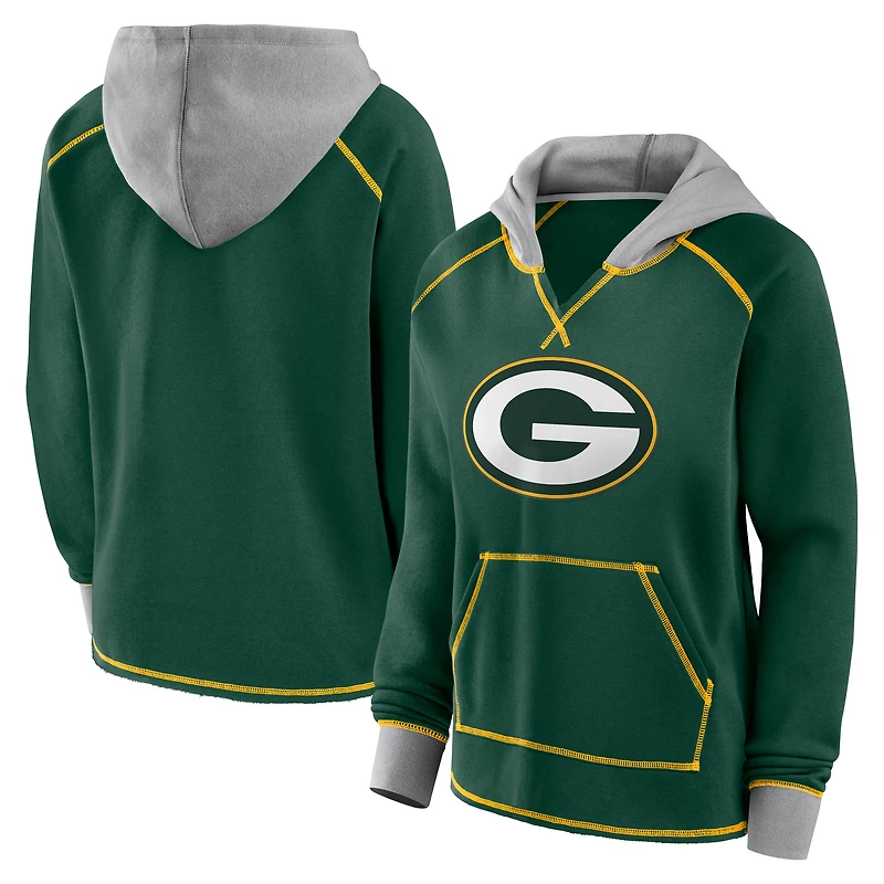 Women's Logo Athletic Green Green Bay Packers Boom Fleece Pullover V-Neck Hoodie