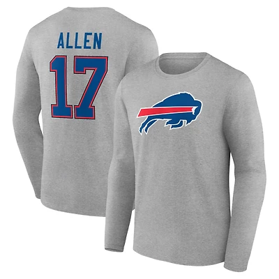 Men's Josh Allen Gray Buffalo Bills Icon Player Name & Number Long Sleeve T-Shirt
