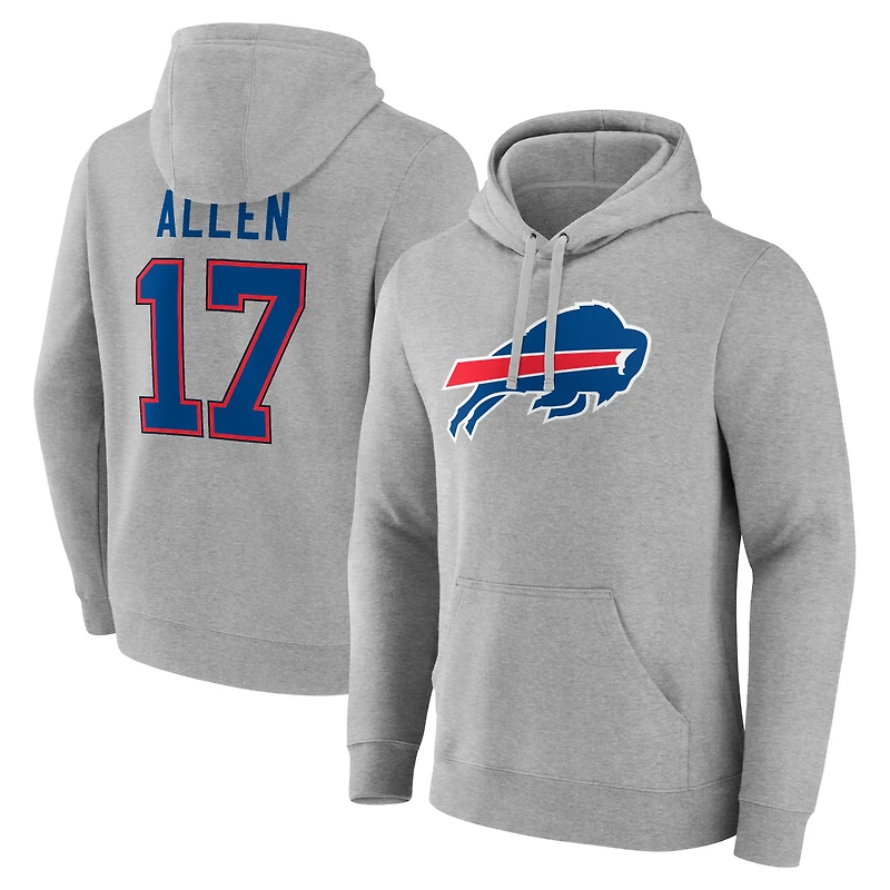 Men's Josh Allen Gray Buffalo Bills Icon Player Name & Number Pullover Hoodie