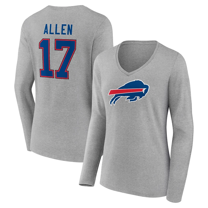 Women's Josh Allen Gray Buffalo Bills Icon Player Name & Number Long Sleeve V-Neck T-Shirt
