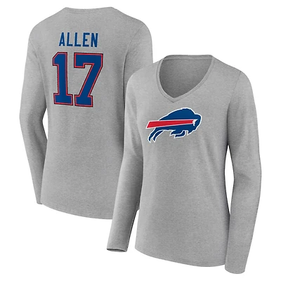 Women's Josh Allen Gray Buffalo Bills Icon Player Name & Number Long Sleeve V-Neck T-Shirt