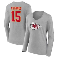 Women's Patrick Mahomes Gray Kansas City Chiefs Icon Player Name & Number Long Sleeve V-Neck T-Shirt