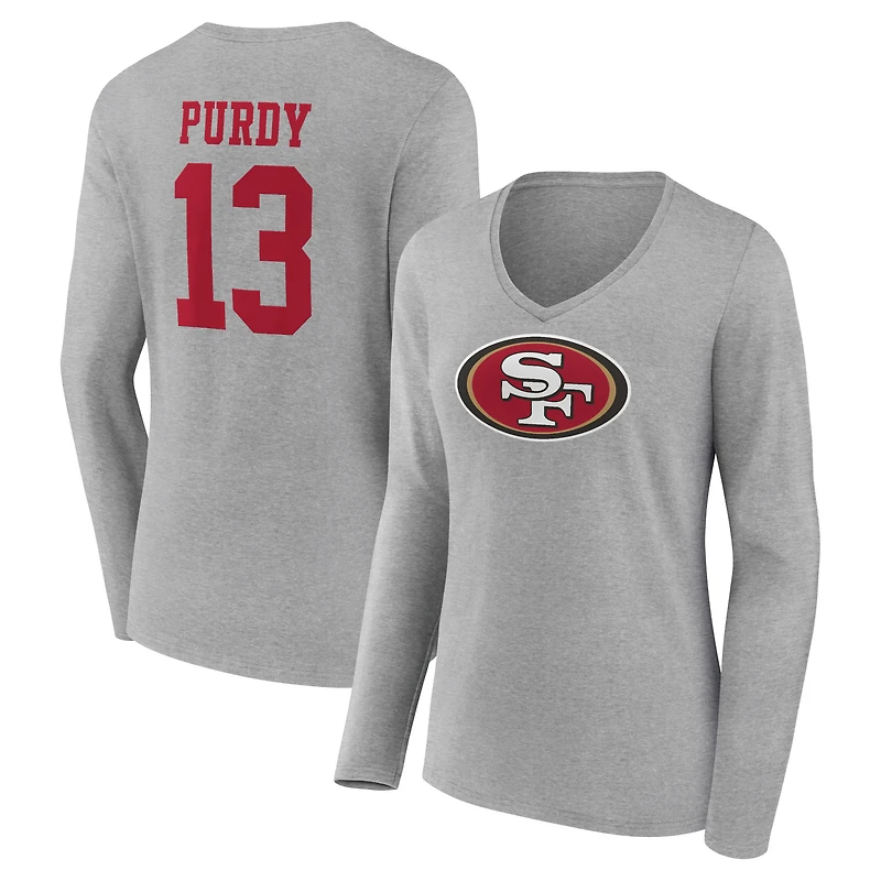 Women's Brock Purdy Gray San Francisco 49ers Icon Player Name & Number Long Sleeve V-Neck T-Shirt