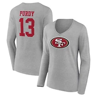 Women's Brock Purdy Gray San Francisco 49ers Icon Player Name & Number Long Sleeve V-Neck T-Shirt