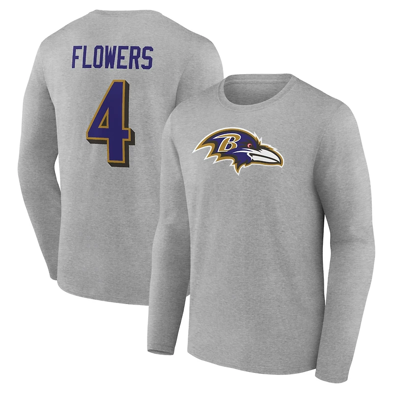 Men's Zay Flowers Gray Baltimore Ravens Icon Player Name & Number Long Sleeve T-Shirt