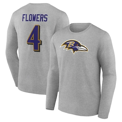 Men's Zay Flowers Gray Baltimore Ravens Icon Player Name & Number Long Sleeve T-Shirt