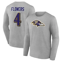 Men's Zay Flowers Gray Baltimore Ravens Icon Player Name & Number Long Sleeve T-Shirt