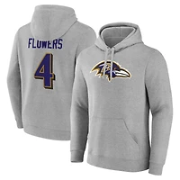 Men's Zay Flowers Gray Baltimore Ravens Icon Player Name & Number Pullover Hoodie
