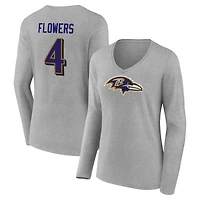 Women's Zay Flowers Gray Baltimore Ravens Icon Player Name & Number Long Sleeve V-Neck T-Shirt