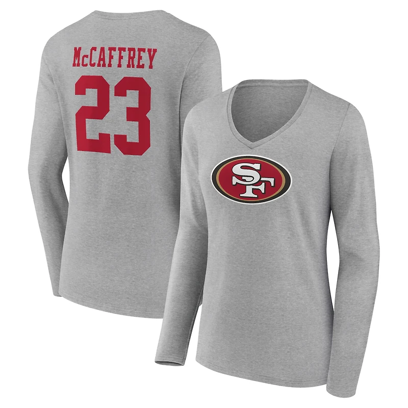 Women's Christian McCaffrey Gray San Francisco 49ers Icon Player Name & Number Long Sleeve V-Neck T-Shirt
