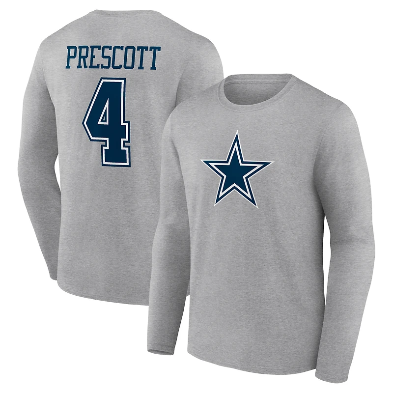 Men's Dak Prescott Gray Dallas Cowboys Icon Player Name & Number Long Sleeve T-Shirt