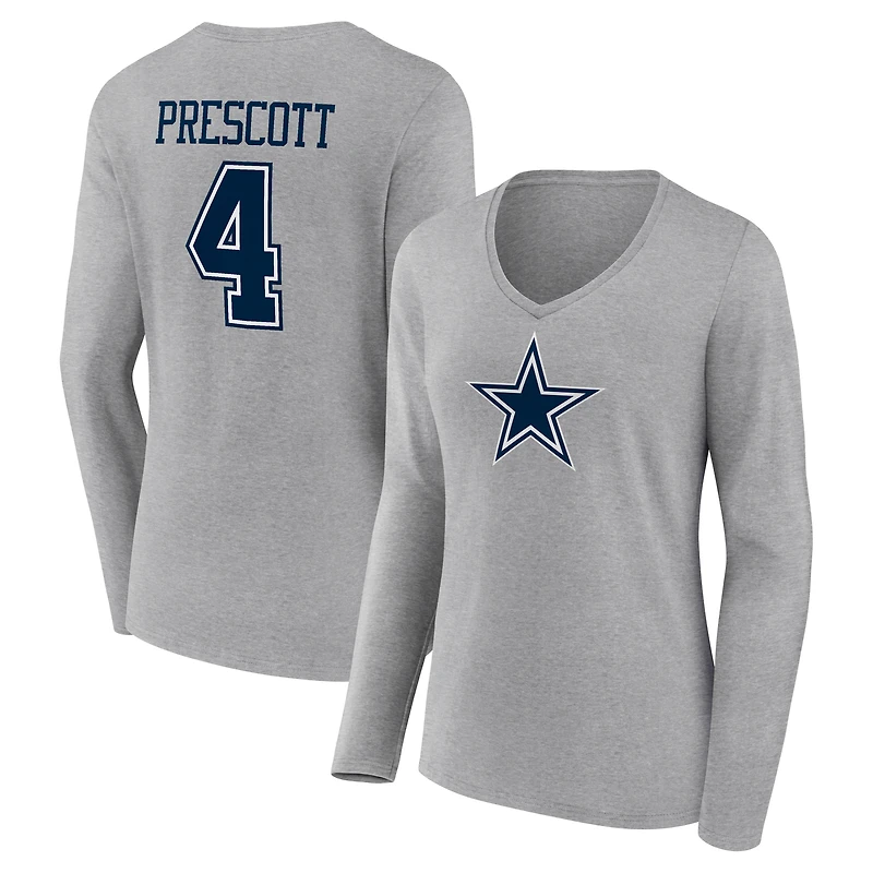 Women's Dak Prescott Gray Dallas Cowboys Icon Player Name & Number Long Sleeve V-Neck T-Shirt