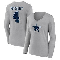 Women's Dak Prescott Gray Dallas Cowboys Icon Player Name & Number Long Sleeve V-Neck T-Shirt