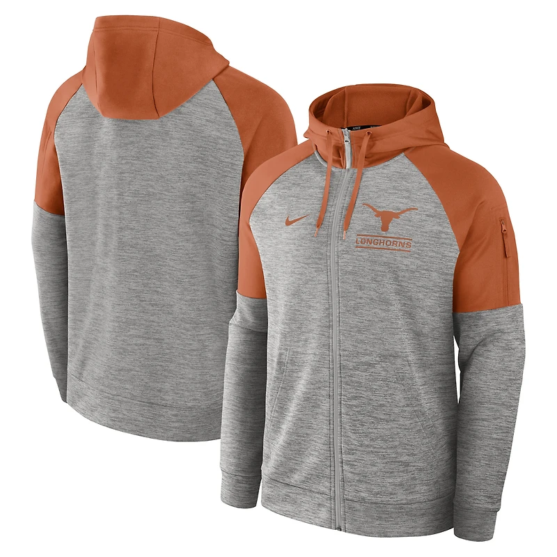 Men's Nike Heather Gray Texas Longhorns Fitness Raglan Performance Full-Zip Hoodie
