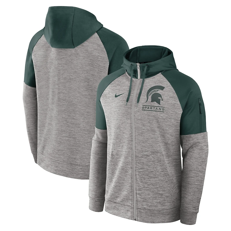 Men's Nike Heather Gray Michigan State Spartans Fitness Raglan Performance Full-Zip Hoodie