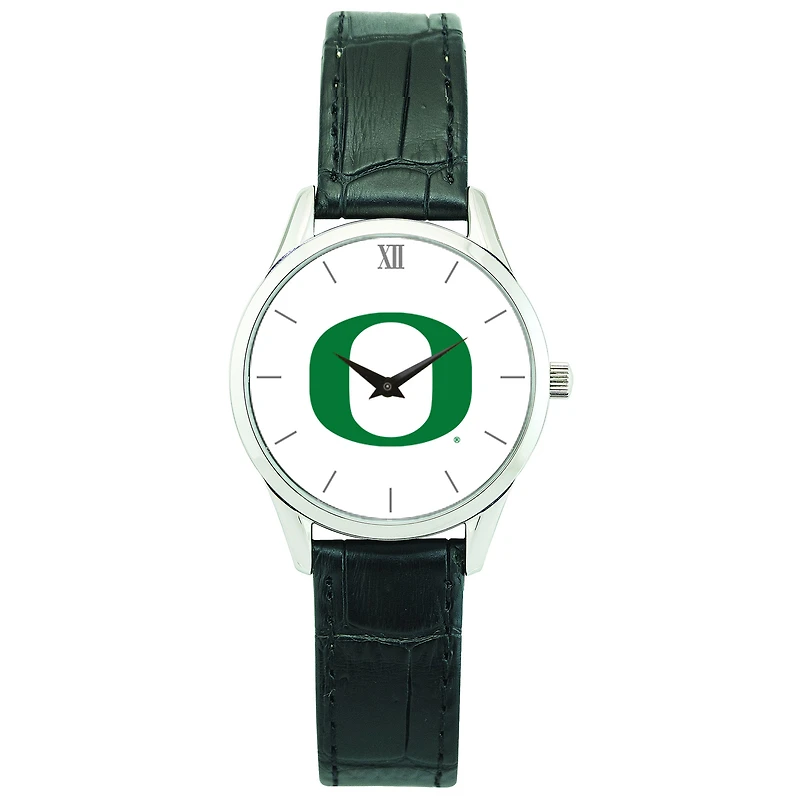 Women's Silver Oregon Ducks Stainless Steel Watch with Leather Band